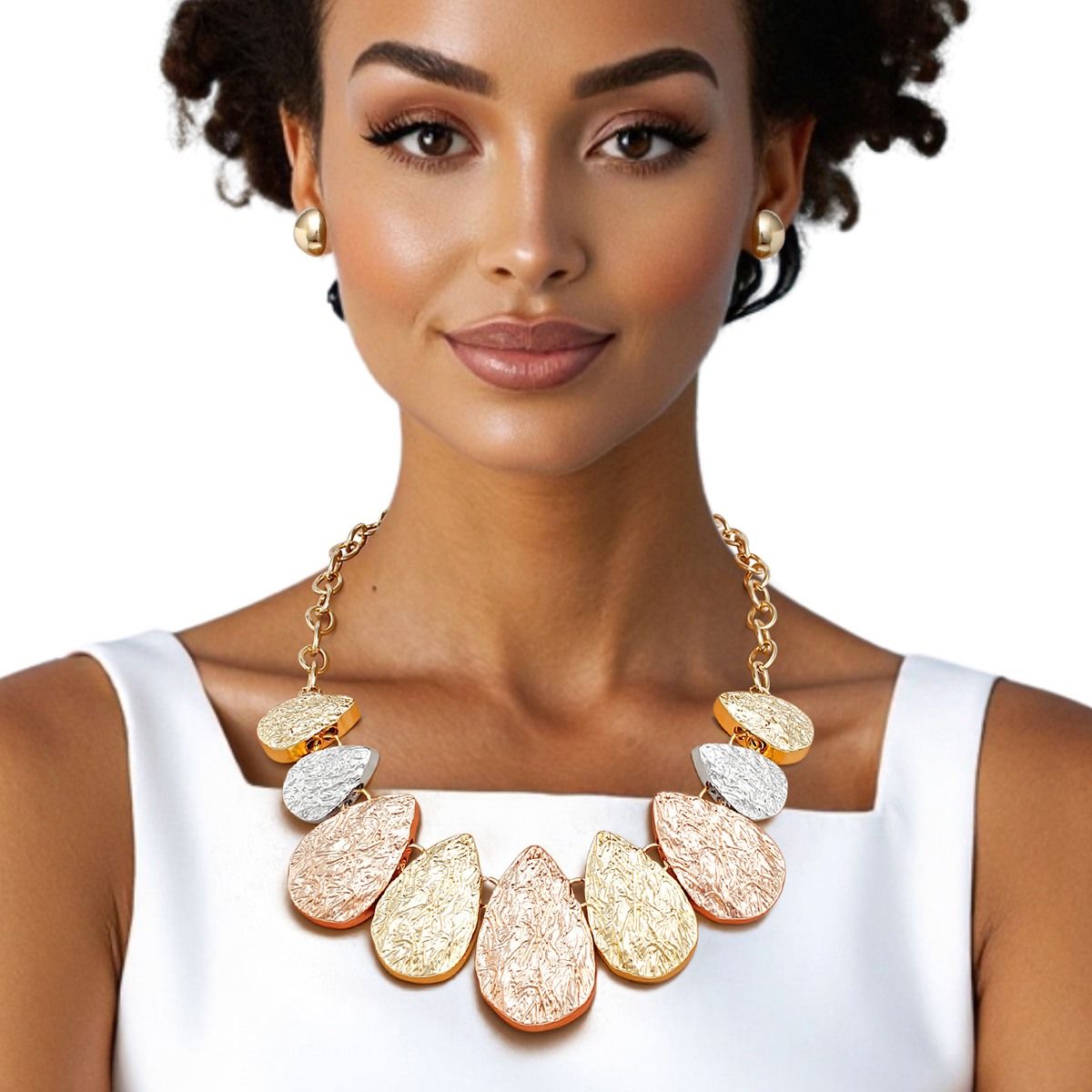 Chain Multi Heavy Crinkle Metal Teardrop Necklace