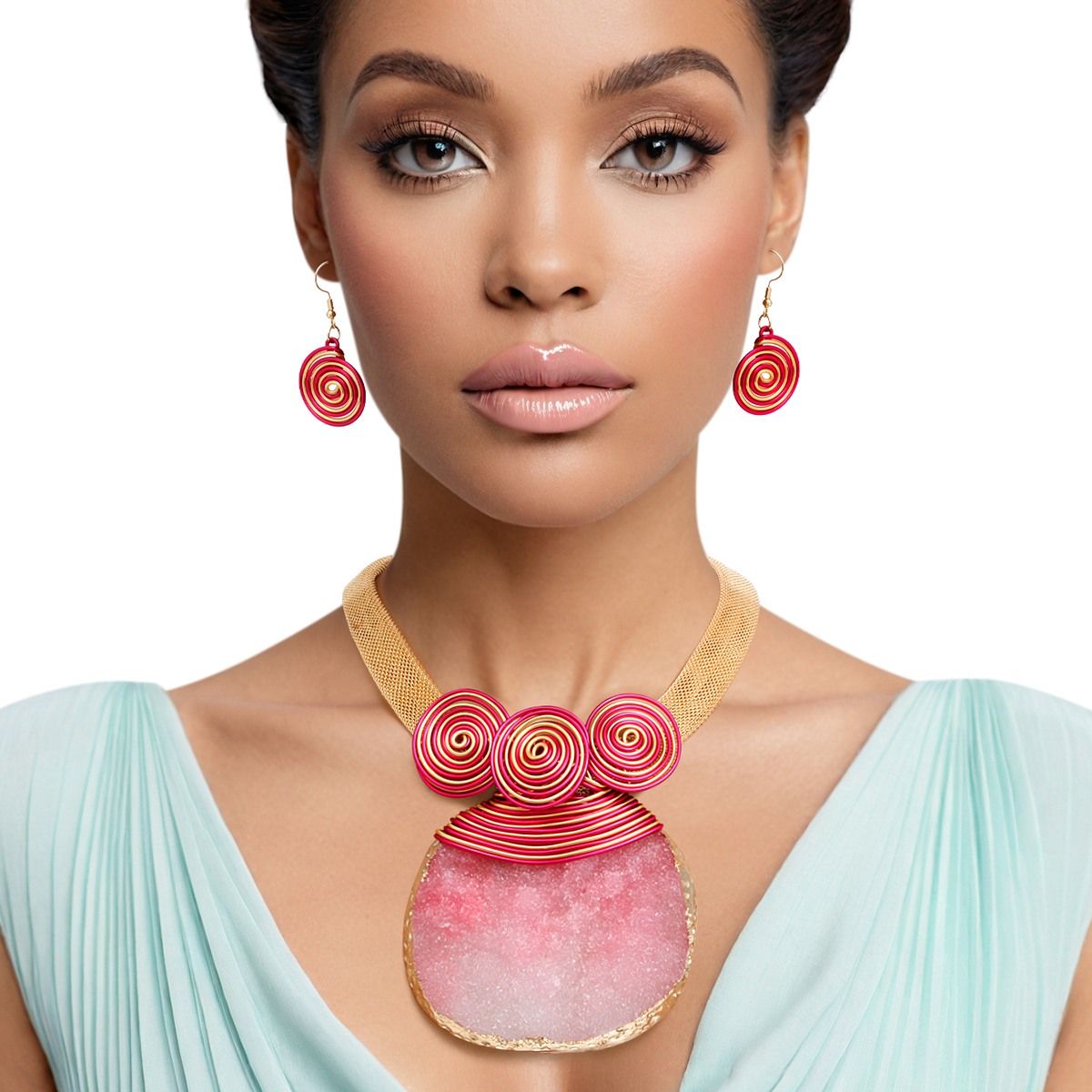 Pendant Pink Druzy Stone Wire Tribal Necklace