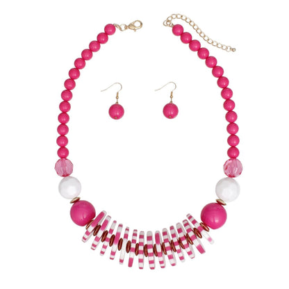 Beaded Funky Fuchsia and White Disc Necklace Set