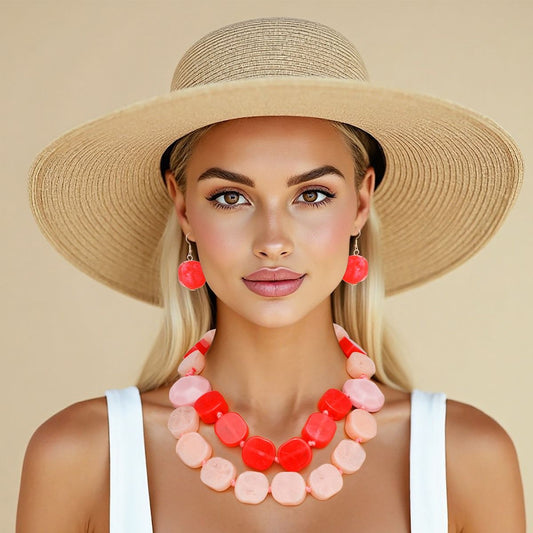 Bead Pink Marbled Geometric Chunky Necklace