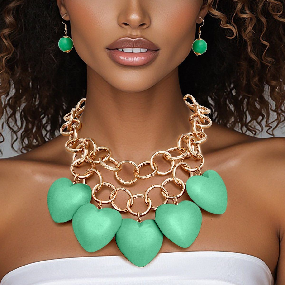 Bib Chunky Green Wooden Heart Bead Necklace