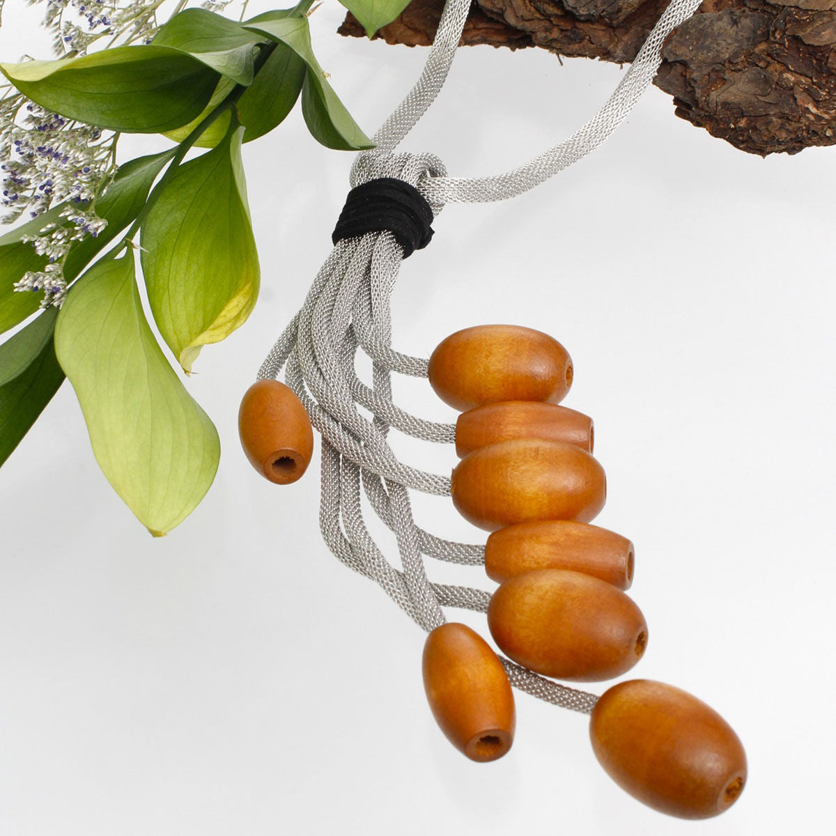 Tassel Silver Mesh Brown Wooden Bead Necklace