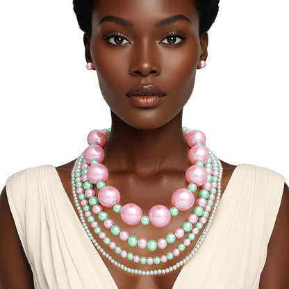 AKA Sorority Pink Green Jumbo Pearl Necklace Set