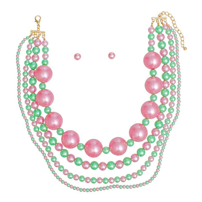 AKA Sorority Pink Green Jumbo Pearl Necklace Set