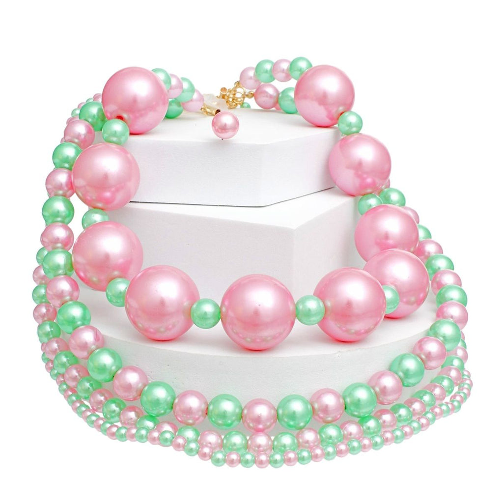 AKA Sorority Pink Green Jumbo Pearl Necklace Set