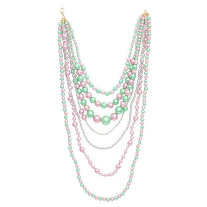 AKA Sorority Pink Green 7 Strand Pearl Necklace