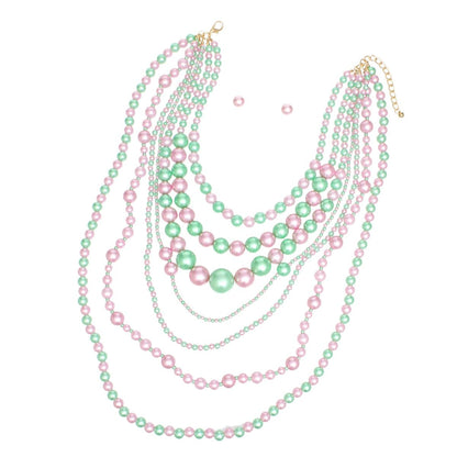 AKA Sorority Pink Green 7 Strand Pearl Necklace
