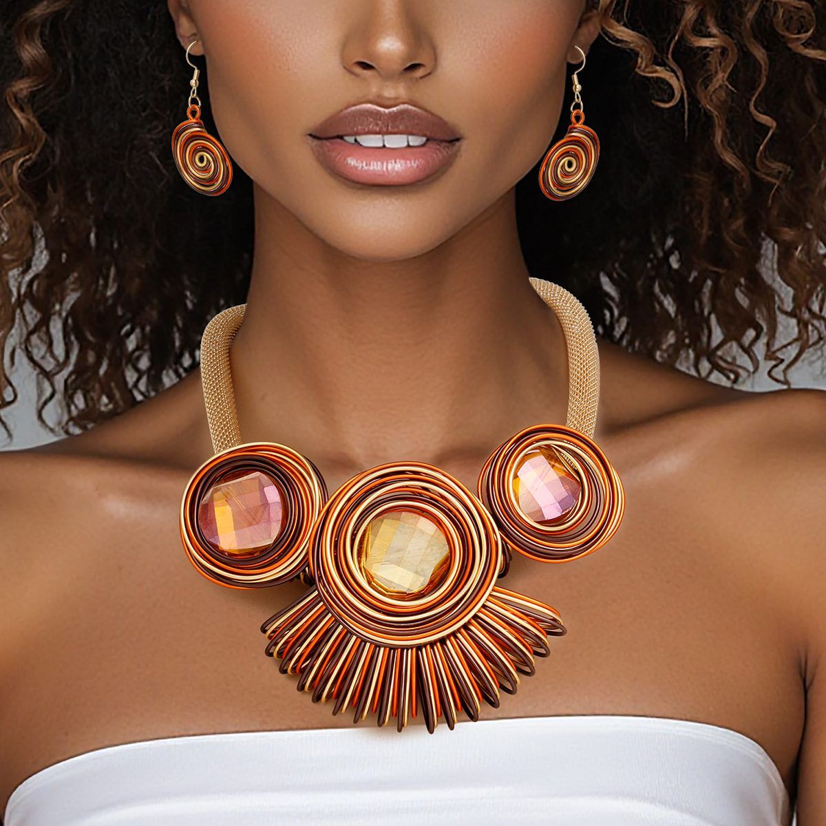 Bib Orange Looped Wire Round Bead Necklace