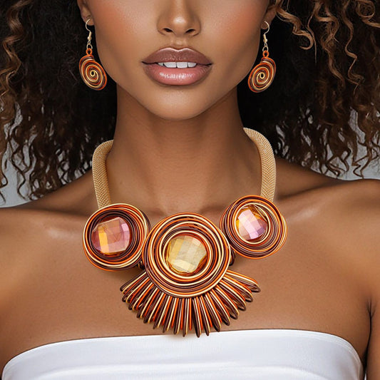 Bib Orange Looped Wire Round Bead Necklace