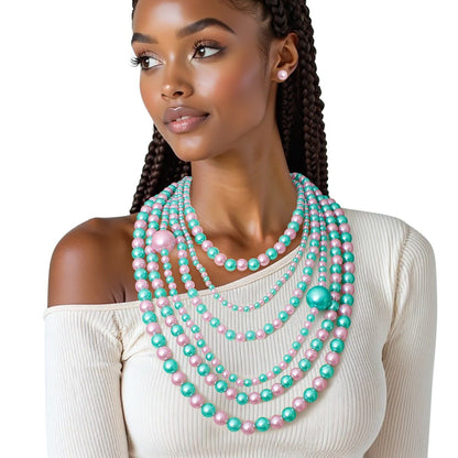 AKA Pink Green Pearl Long Layers 6 Strand Necklace