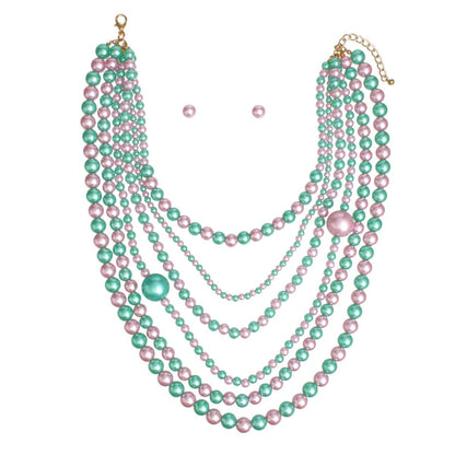 AKA Pink Green Pearl Long Layers 6 Strand Necklace