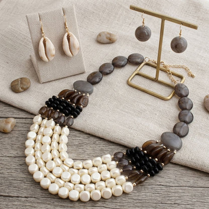 Marbled Black & Creamy Shine Beaded Layer Necklace
