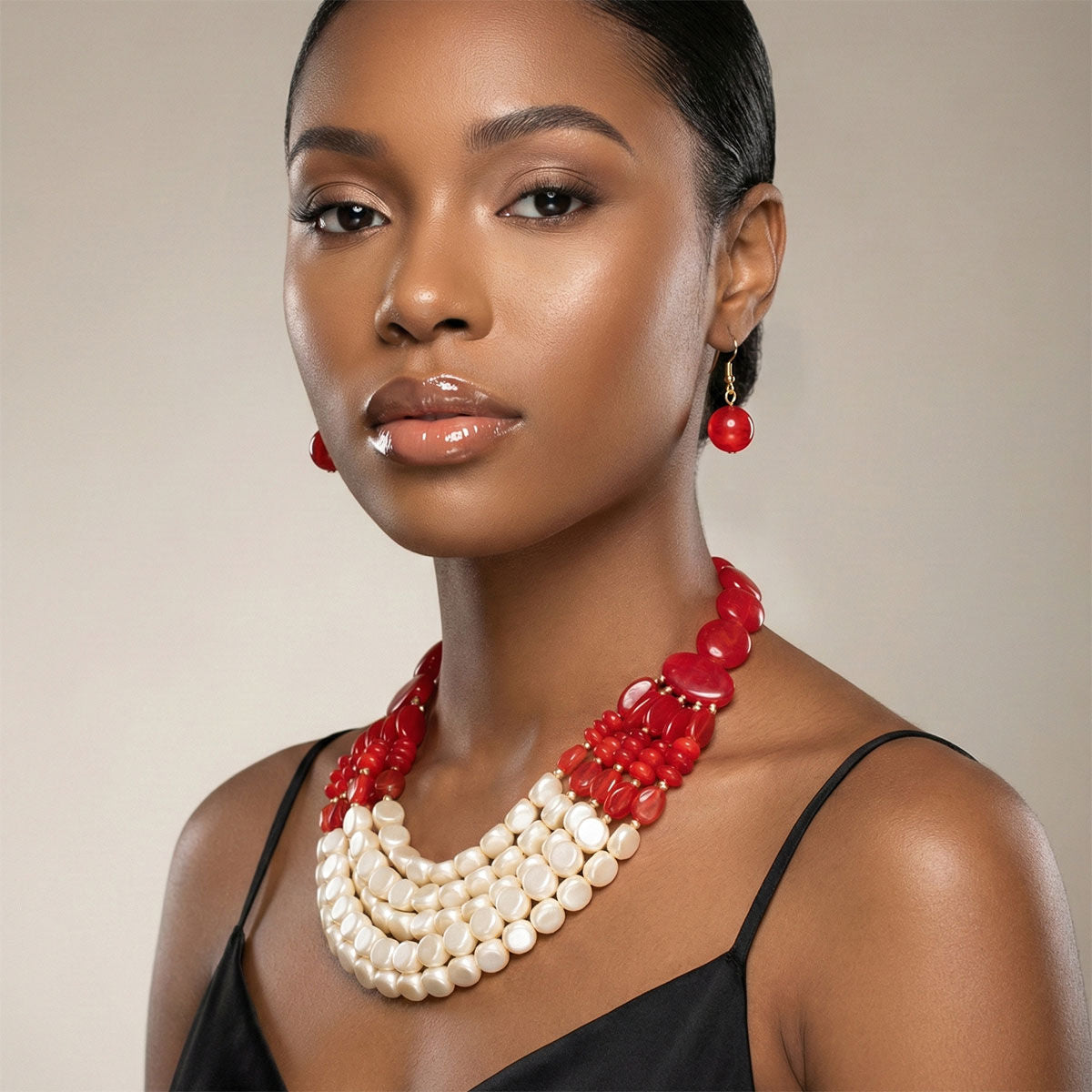 Beaded Marbed Red and Creamy Shine Layer Necklace