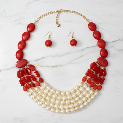Beaded Marbed Red and Creamy Shine Layer Necklace