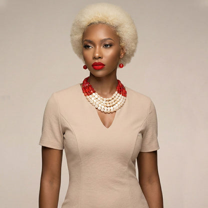 Beaded Marbed Red and Creamy Shine Layer Necklace
