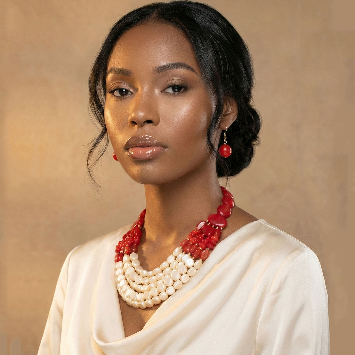 Beaded Marbed Red and Creamy Shine Layer Necklace