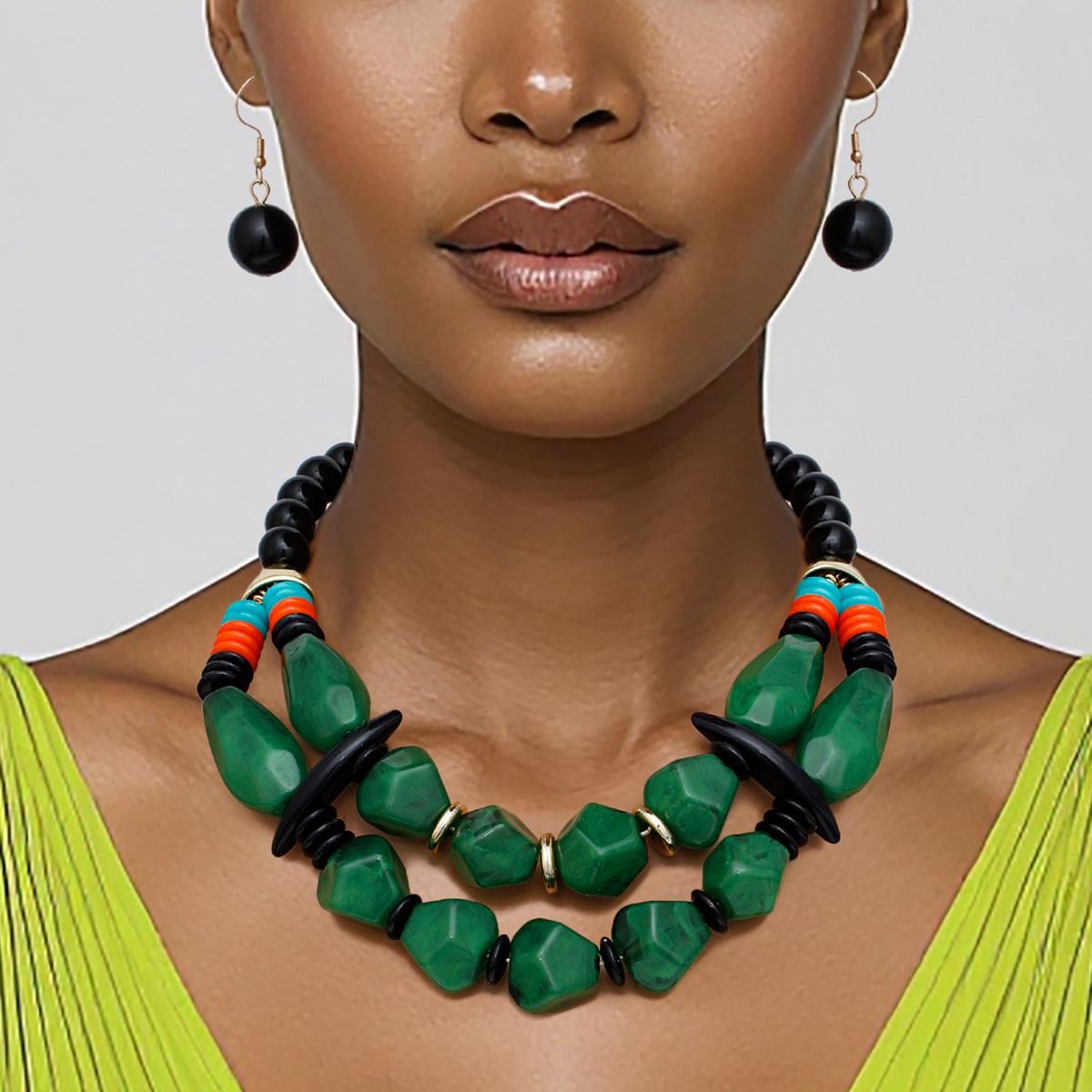 Beaded Green Stone Ethnic Chic Layered Necklace