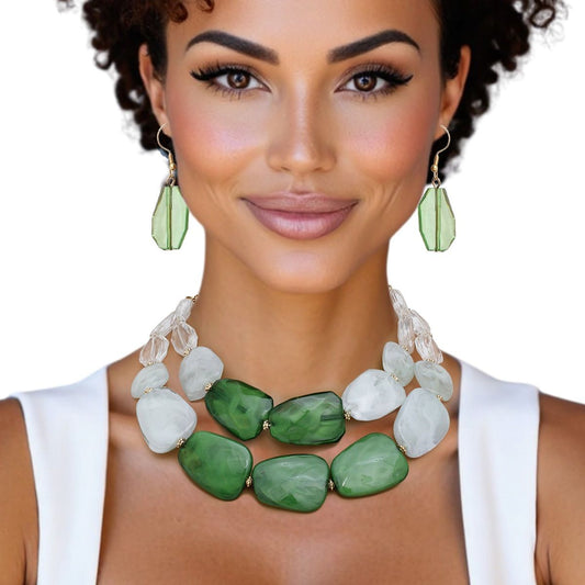 Collar Vibrant Marbled Green Bead Layered Necklace