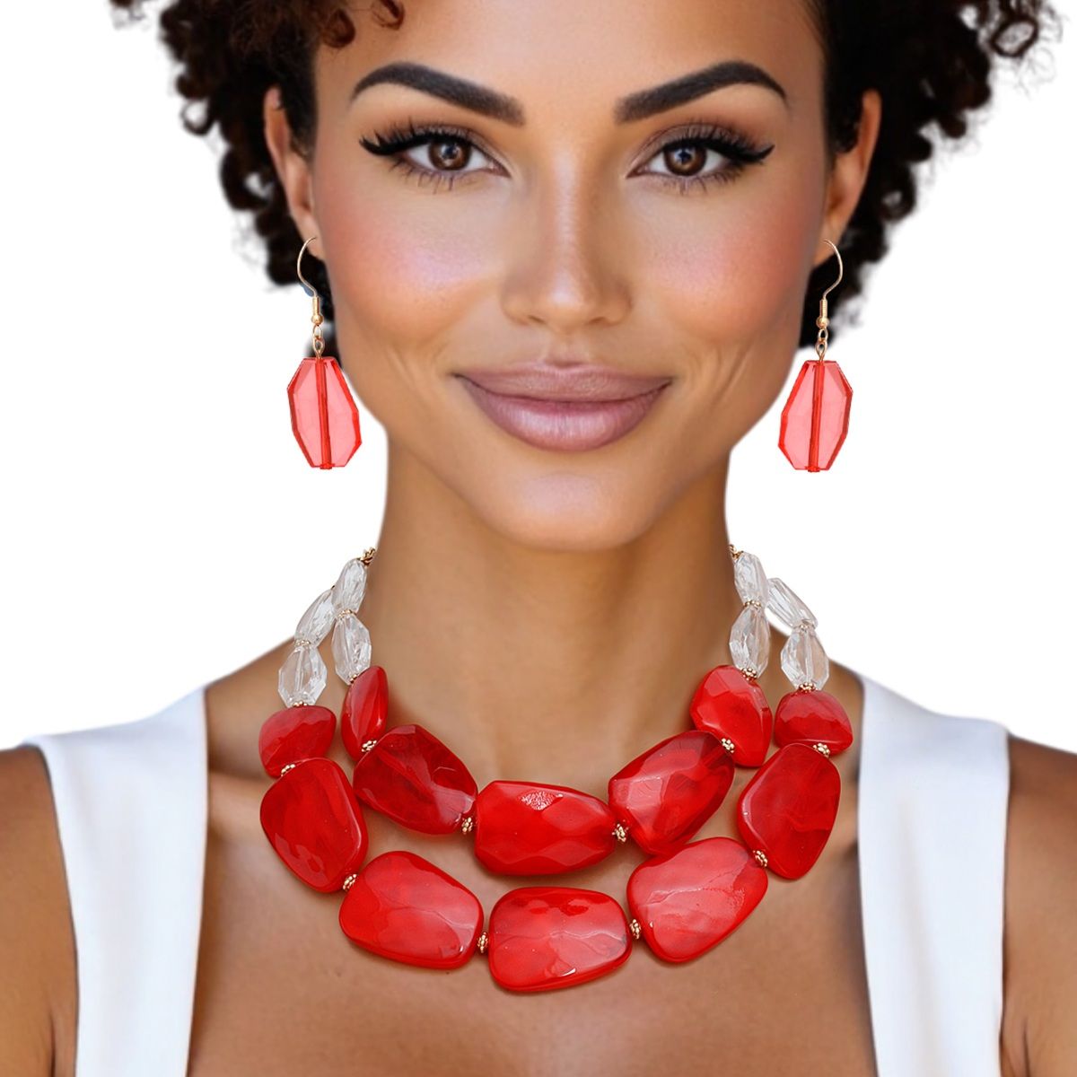 Collar Vibrant Marbled Red Bead Layered Necklace