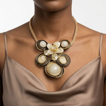 Ivory Flower Wire Wrapped Bead Bib Necklace