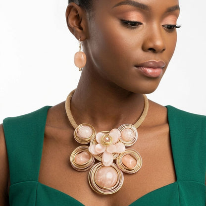 Soft Pink Flower Wire Wrapped Bead Bib Necklace