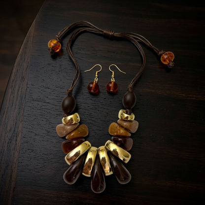 Brown & Gold Resin Teardrop Cord Tribal Necklace