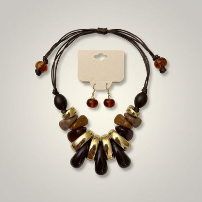 Brown & Gold Resin Teardrop Cord Tribal Necklace