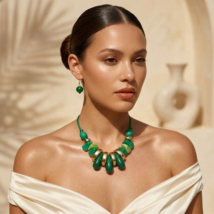 Green & Gold Resin Teardrop Cord Tribal Necklace