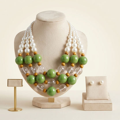 Chunky Green Glazed Bead & Pearl Layered Necklace