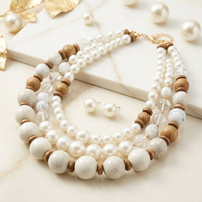 Chunky Ivory Glazed Bead & Pearl Layered Necklace