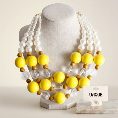 Chunky Yellow Glazed Bead & Pearl Layered Necklace