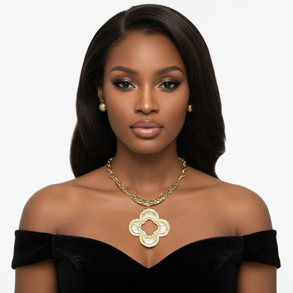 Pendant Matte Gold Hammered Quatrefoil Necklace
