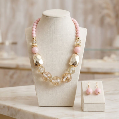 Blush Pink Gold Flake Marble Beaded Necklace