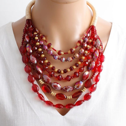 Layered Red Crystal Beads & Gold Coil Necklace
