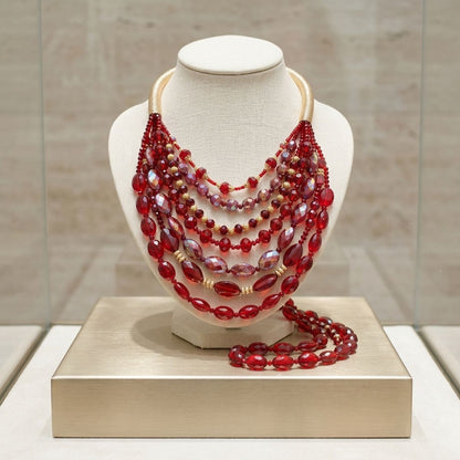 Layered Red Crystal Beads & Gold Coil Necklace