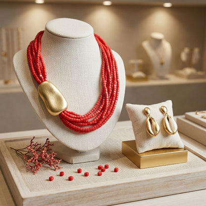 Tribal Coral Red Cube Bead 9 Strand Necklace