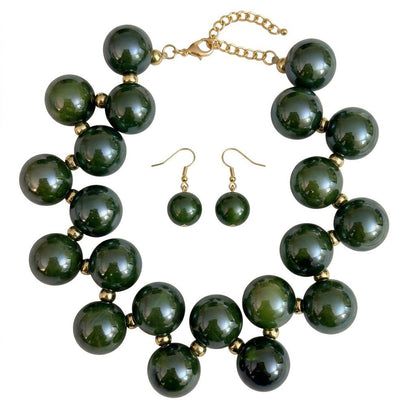 Olive Green Marble Bubble Ball Bead Necklace