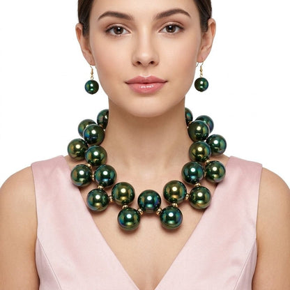 Olive Green Marble Bubble Ball Bead Necklace