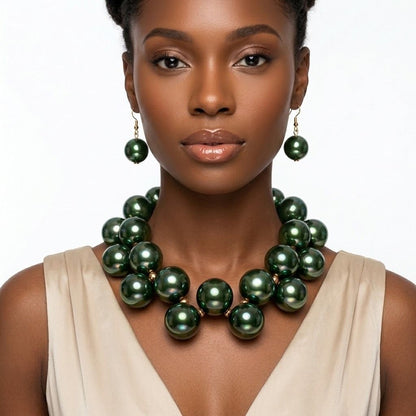 Olive Green Marble Bubble Ball Bead Necklace