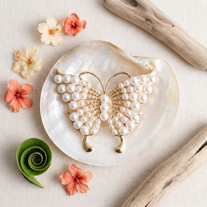 Gold Butterfly Large Brooch Pin with Pearls