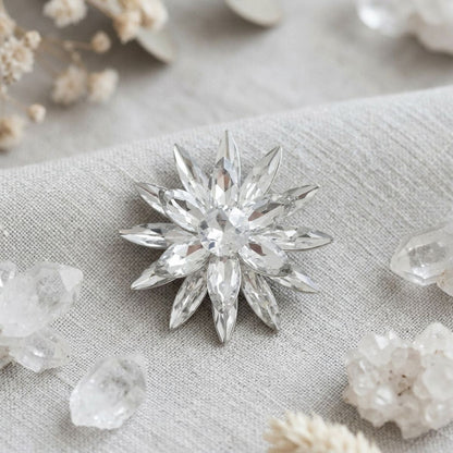 Oversize Brooch Silver Marquise Crystal Flower Pin