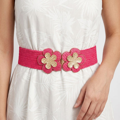 Stretch Belt Raffia Fuchsia Flower for Women