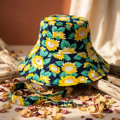 Navy Sunflower Chin Tie Bucket Hat