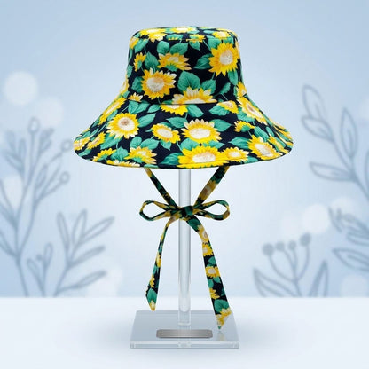 Navy Sunflower Chin Tie Bucket Hat