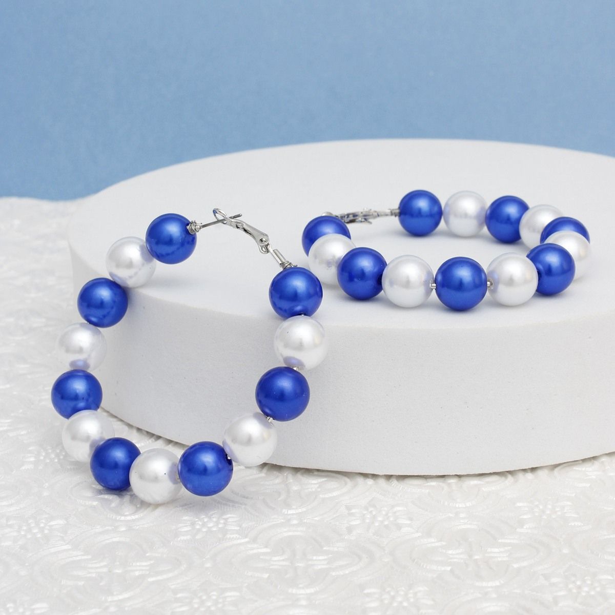 ZPB Sorority Blue White 60mm Pearl Hoop Earrings