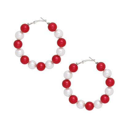 DST Sorority Red White 60mm Pearl Hoop Earrings