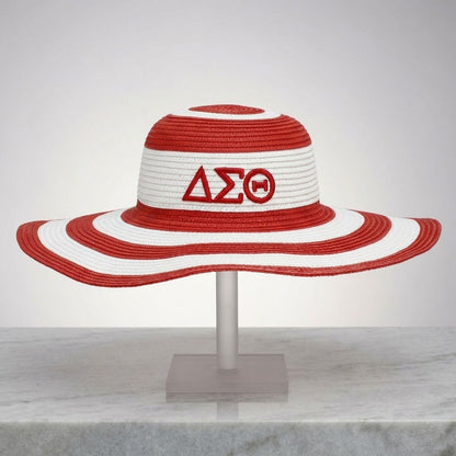DST Red Raffia Embroidered Floppy Beach Sun Hat