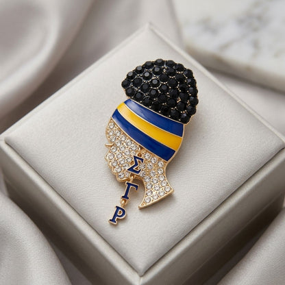 SGRHO Rhinestone Blue Gold Woman Profile Brooch