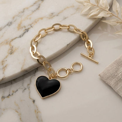 Black Heart Charm Gold Oval Chain Bracelet