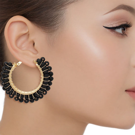 Hoops Black Bead Gold Wire Wrapped Earrings Women